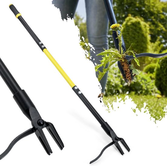 Staande Onkruidtrekker met Lange Steel - 115 cm Handvat - Vier Klauwen Stalen Kop - Voor Penwortels van Merkloos	
