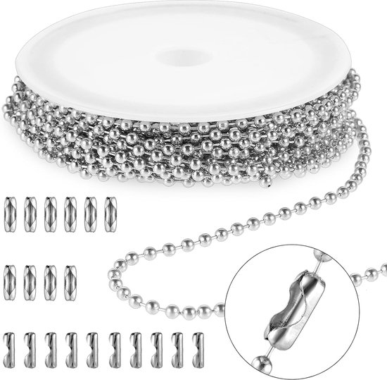 Stainless Steel Ball Chain - Silver Ball Chain met Matching Connectors - Chains voor Sieraden Maken - DIY voor Dog Tags, Halskettingen, Oorbellen van Merkloos	