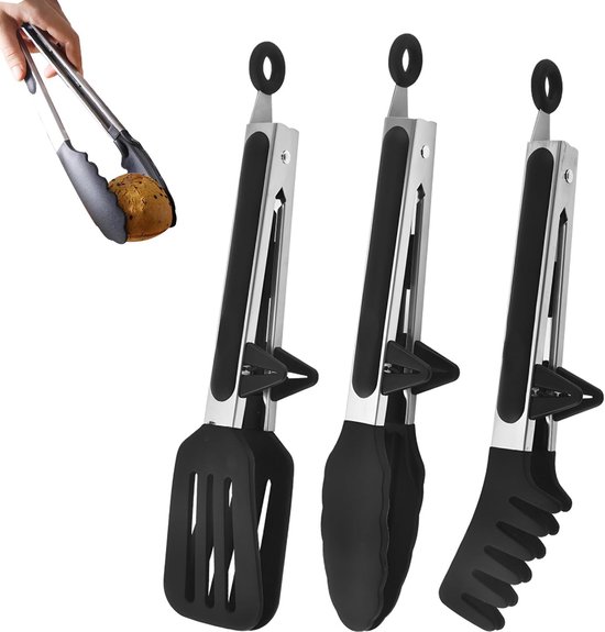 Stainless Steel Keuken Tangen met Siliconen Tips - Set van 3 Keuken Tangen voor Voedsel - Hittebestendig voor Barbecue, Vlees, Salade (Zwart, 2 Stukken 26.5 cm en 27.5 cm) van Merkloos	