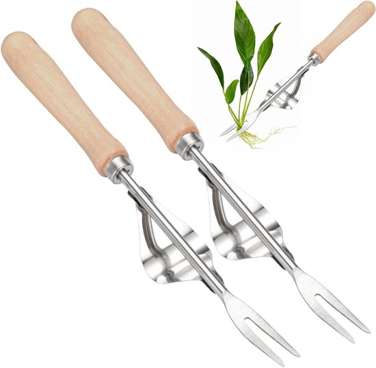 Stainless steel onkruidspikes set van 2, handmatige onkruidverwijderaar met houten handvat voor tuinieren, ideaal voor dandelions en wortelverwijdering van Merkloos	