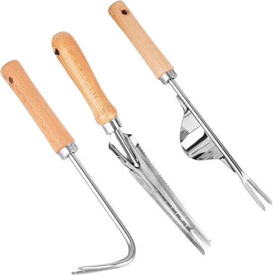 Stainless Steel Weed Cutter - 3 Pieces Manual Weed Hunter - Wooden Handle Garden Tools - Root Hunter Weed Fork voor Tuin Graven van ICANZUO