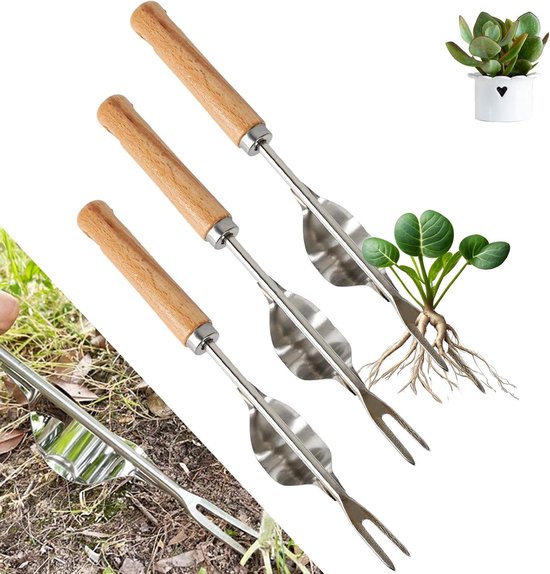 Stainless Steel Weed Topper Hand Probe Device with Wooden Handle - Garden Root Hunter - Manual Stainless Steel Weeder van Merkloos	