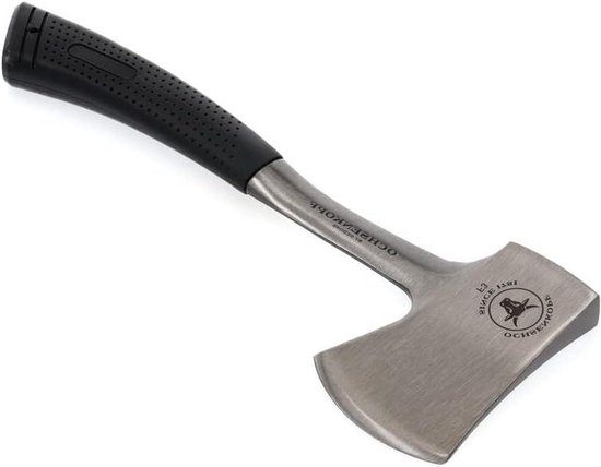 Stalen bijl kop en steel gesmeed uit één stuk - achterkant om in te slaan - leren tas met riemlus - 360 x 145 x 30 cm van Merkloos	