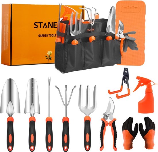 Stanew Garden Tool Holder, Garden Tool Set, Stainless Steel, Garden Set Hand Tool for Outdoor Use, 13 Pieces with Storage Bag van Stanew
