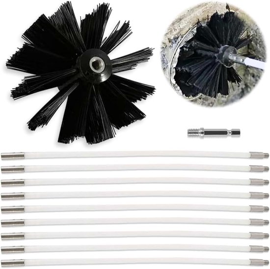 Stangset, ovenbuisborstel, 9 flexibele nylon staven, 1 synthetische borstelkoppen, 1 booraansluiting, reinigingsborstel, ketelborstel voor het reinigen van schoorsteenafzuigingen