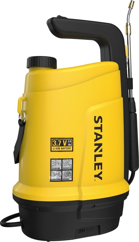 Stanley Druksproeier 5 L, drukspuit, sproeier tuin, elektrisch, heroplaadbare batterij lithium, telescopische lans, regelbare sproeikop, autonomie 2.5 h, max. 2 bar, 0.33 L/minuut, geel/zwart van Merkloos	