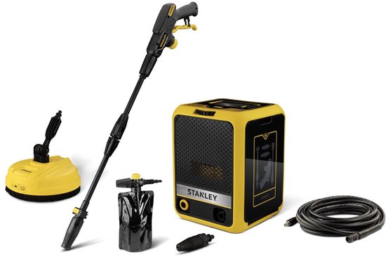 Stanley Hogedrukreiniger 150 bar 1900W, elektrische hogedrukspuit 460 l/u, voor auto terras tuin en gevel, zelfaanzuigend, aluminium pomp, Total Stop System, compacte reiniger voor buitengebruik