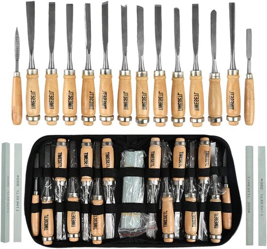 Steekbeitelset Voor Hout - 14 Stuks - Houtsnijgereedschap - Holle Beitels - Draaigereedschap Met 4 Slijpstenen - Snijgereedschap - Zak - Voor Professionals van Merkloos	
