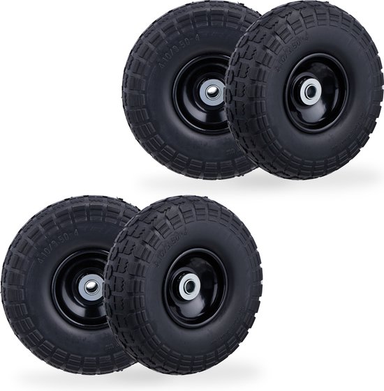 steekwagenwiel - 4.10-3.50-4" - set van 4 - massief rubber - 150 kg - zwart van Merkloos	