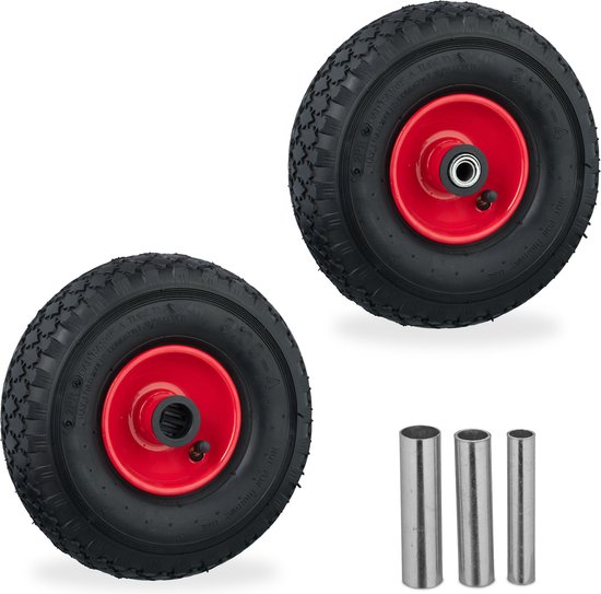 steekwagenwiel - set van 2 - luchtband - 3.00-4 - skelterwiel - 3 adapters - zwart-rood van Namparts