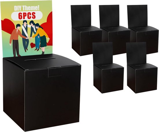 Stembus met sleuf - suggestiebox - winnende speelboxen - donatiedozen voor fondsenwerving - zwarte kartonnen dozen met afneembare kop voor zakelijke afstemming - verzamelkaart van My Charity Boxes
