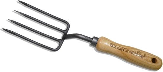 Stevige bloemensteker met 4 ronde tanden en essenhouten steel (14 cm) van Merkloos	