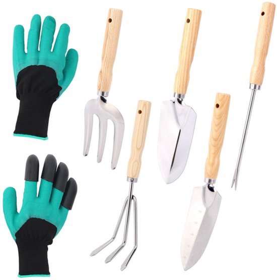 Stevige Tuingereedschap Set, Handgereedschap met Houten Handvat RVS Latex Handschoenen Tuin Cadeaus voor Tuinliefhebbers