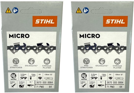 Stihl 2x 1/4" Picco Micro 3 (PM3) zaagketting 30 cm 1/4" P 1,1 mm 64 TG 2 stuks ( 2x 36700000064 ) van Merkloos	