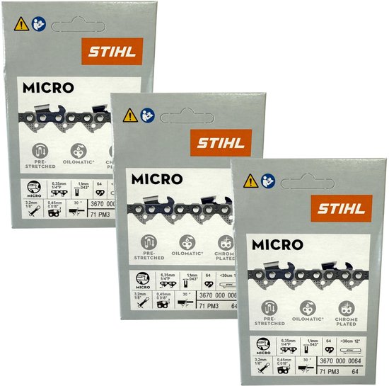 Stihl 3x 1/4" Picco Micro 3 (PM3) zaagketting 30 cm 1/4" P 1,1 mm 64 TG 3 stuks ( 3x 36700000064 ) van Merkloos	