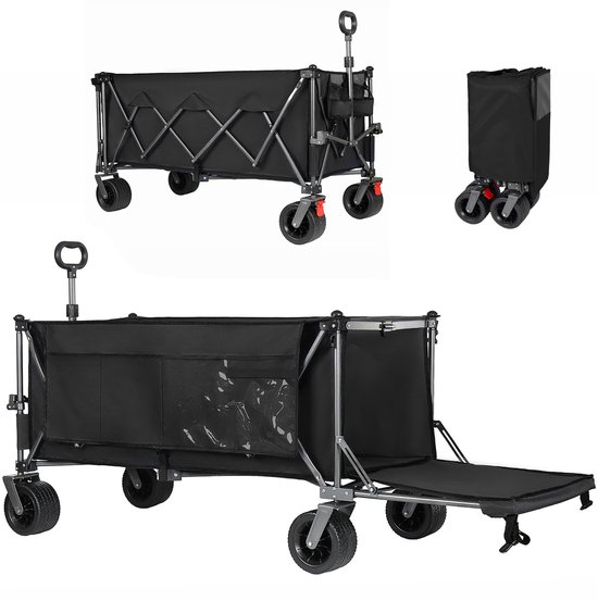STILVORA Tuinkar – 300L+120L Opvouwbaar – 131 x 66 x 115,5 cm – Staal En Oxford – Zwart Grijs – Voor Strand Camping En Boodschappen