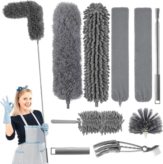 Stofdoek Set - Spinnenwebbezem - Hoge Oppervlakken Reinigen - Telescopische Steel - 9 Delig - Zwart Wit
