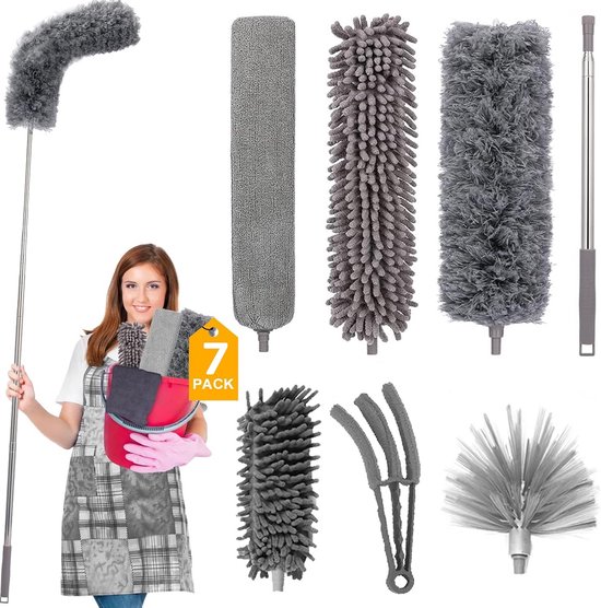 Stofdoek, telescopisch, lang, uittrekbaar, stofwisser, wasbaar, spinnenwebbezem met telescoopsteel, spinnenwebverwijderaar, plumeau met telescoopstang, uittrekbaar tot 2,6 m, voor