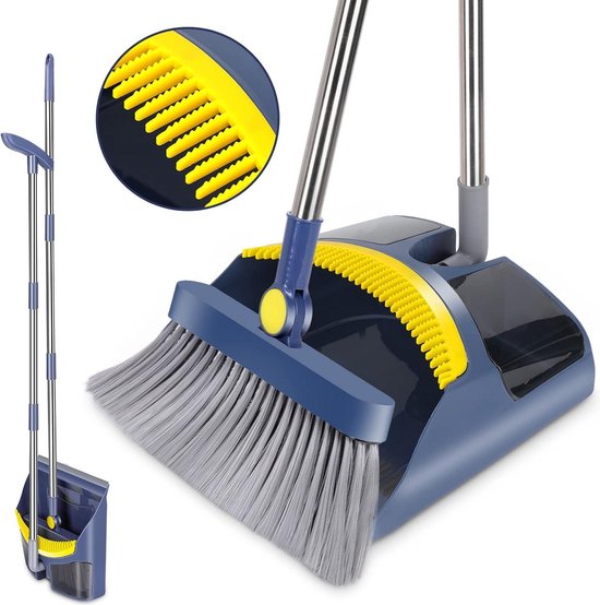Stoffenpan en bezemset met 47 inch lange steel - veegborstel voor binnen en buiten reiniging - blauw + geel van VAIIGO