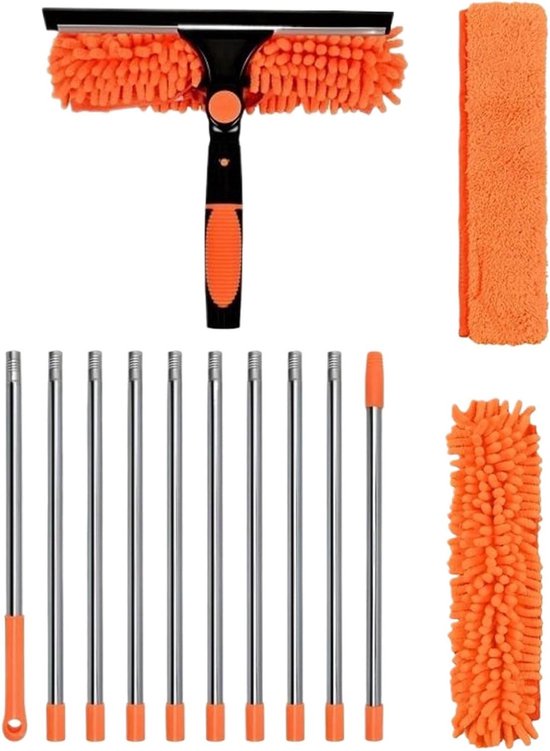 Stoffer met Lange Steel - Plumeau Raamborstel - Huishoudelijke Reiniging - Telescopisch Ontwerp - Tot 6 Meter - Oranje