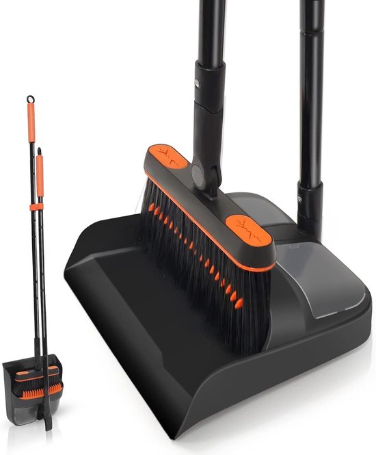 Stofpan en borstelset met lange steel Tall 180 graden roterende veegborstel met kamtanden - Oranje en zwart, voor binnen en buiten van Simply Natural