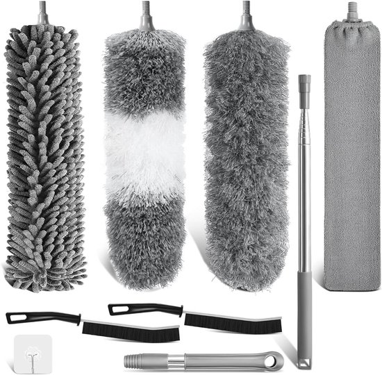 Stofveger Set - Telescoopsteel Plumeau - Hoge Plekken Schoonmaken - Flexibele Microvezelkop - Tot 250cm - Grijs