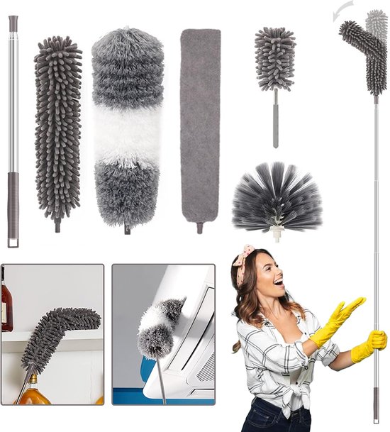 Stofwisser Plafond - Reinigingsborstel Huis - Hoge Oppervlakken Schoonmaken - Intrekbare Telescoopsteel - 5 Delig - Grijs
