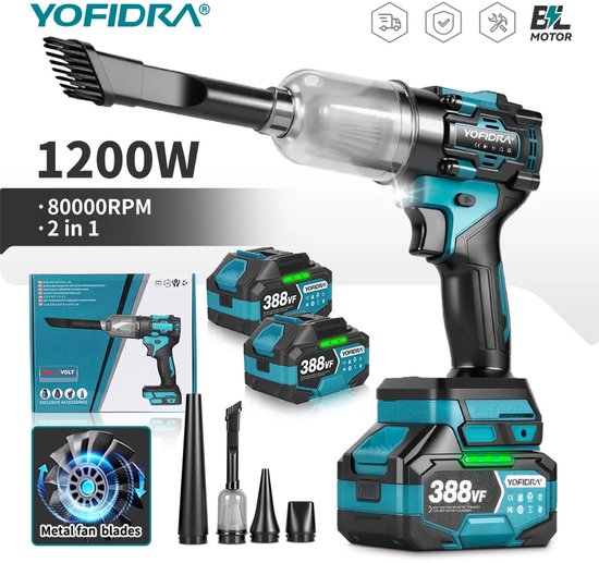 Stofzuiger - Bladblazer Met Accu - Blazer - Sneeuwblazer - Kruimeldief Snoer - 2 In 1 - Auto Blazen en Zuigen - 2x 388vf Accu's -Borstelloos van Merkloos	