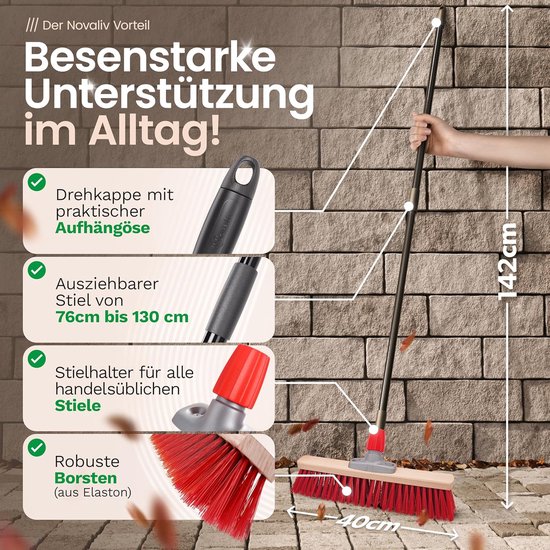 Straatbezem 40 cm I Bezem met uitschuifbare steel I Elaston rood I Grof I Industriebezem, veegbezem, tuinbezem, erfbezem van Merkloos	