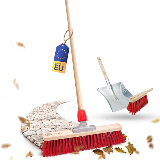 Straatbezem 50 cm met houten steelset I Bezem handbezem en schep I Elaston rood I met draad I Industriële bezem Tuinbezem met steel Stalbezem Winterbezem van Merkloos	
