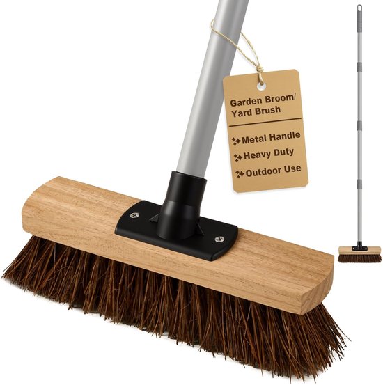 Straatbezem Lange Steel - Tuinbezem Hofbezem - Buiten Schoonmaken - Stijve Natuurlijke Haren - 25cm Breed 140cm Steel - Grijs