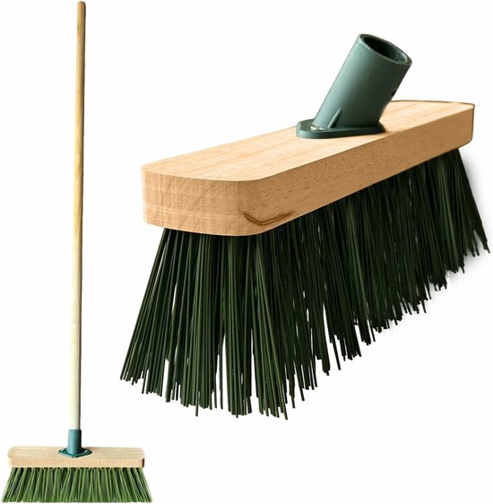 Straatbezem/buitenbezem - groen - hout - hard - 34 cm - 140 cm - ophang oog - extra lang van Sorbo