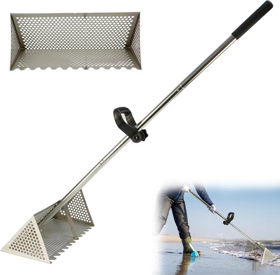strandhark vlooienhark zandvlooienhark roestvrij staal met brede trapeziummand trapeziumhark strandhark afneembare zandhark met lange greep scherpe tanden