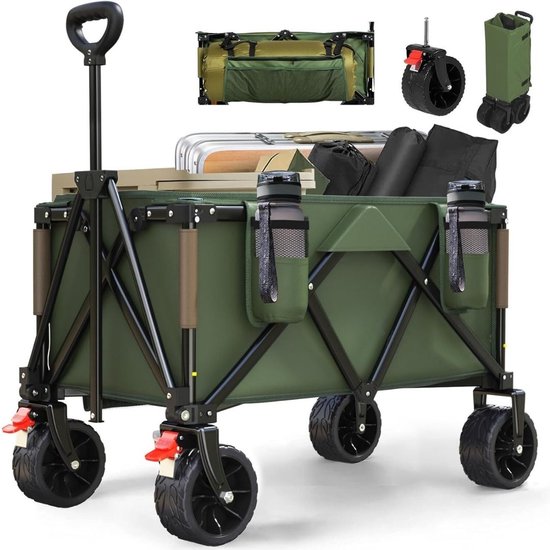 Strandkar - Bolderkar Opvouwbaar – Bolderwagen Voor Alle Terreinen – Boodschappenwagen Met Brede Banden En Handige Opbergruimtes - Tuinkar Met Verstelbare Handgreep – Winkeltrolley 120 kg Opbergruimte - Groen van Funtress