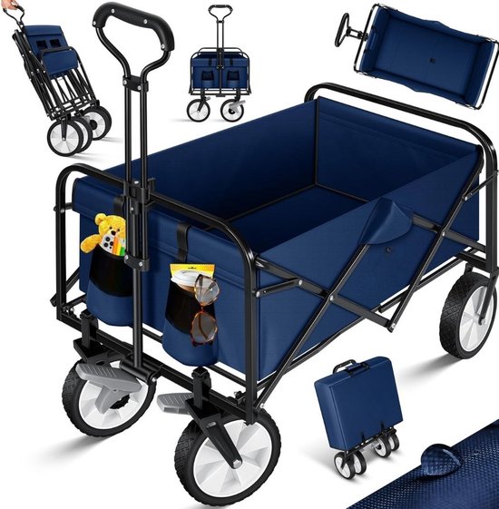 Strandkar - Bolderkar Opvouwbaar Met Rubberen Wielen – Bolderwagen Voor Alle Terreinen – Boodschappenwagen - Tuinkar Met Verstelbare Handgreep – Winkeltrolley 80 kg Opbergruimte - Blauw van Fescho