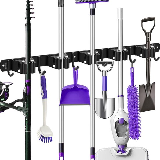 Strents® Bezemhouder - Bezem Ophangsysteem Tuingereedschap - Gereedschapshouder - 5 Houders 6 Haken - RVS Zwart van Strents
