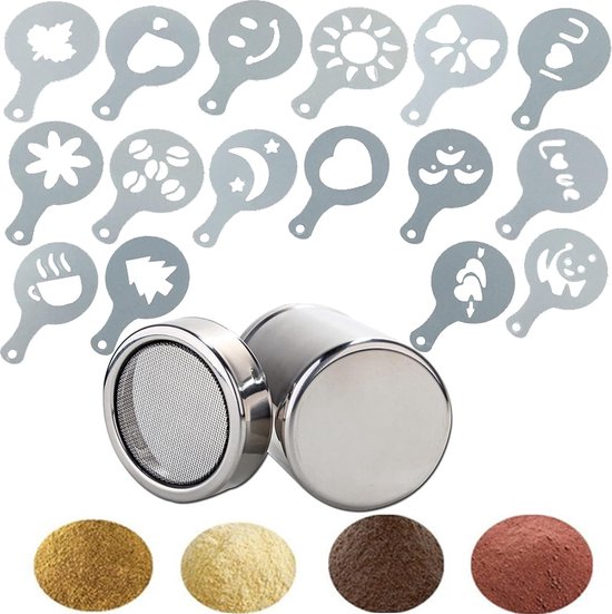 Strooidozen van roestvrij staal, cacaostrooier met deksel, poederdozen voor het bewaren van poeder, roestvrijstalen strooiers voor cacaopoeder, chocoladepoeder, poedersuiker met 16 verschillende sjablonen van Merkloos	