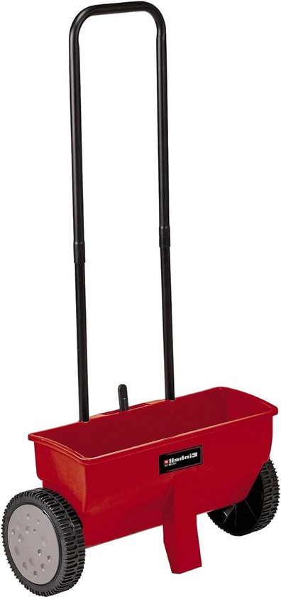 Strooiwagen 12 liter - 45 cm - dubbele duwstang - kliksluiting - verstelbare handgreep - corrosiebestendig - breukvaste kunststof behuizing - Rood van Merkloos	