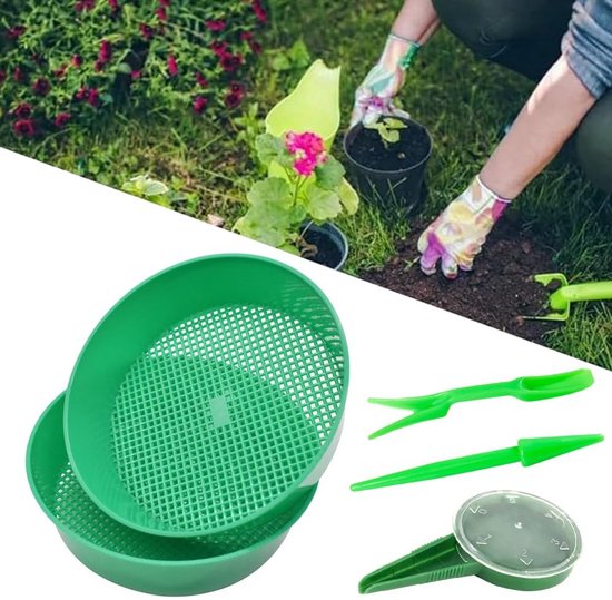 Stunq® 3 Stuks Tuinzeef Set – Kunststof Aarde Zeef, Zandzeef & Schep Gereedschap