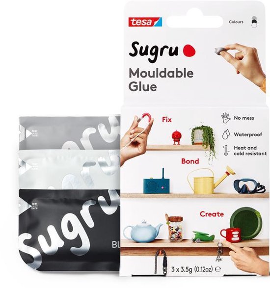 Sugru kneedbare lijm van tesa, 3-pack (3 x 3,5 g) in zwart, wit en grijs van Merkloos	