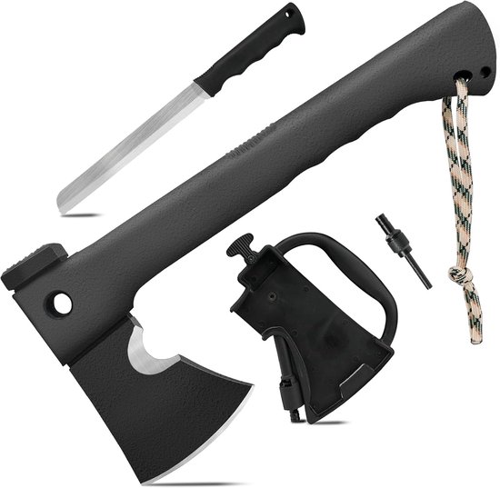 Survivalbijl 6-in-1 voor outdoor en kamperen - multifunctionele kloofbijl met hamer, touwsnijder en meer van TRESO.