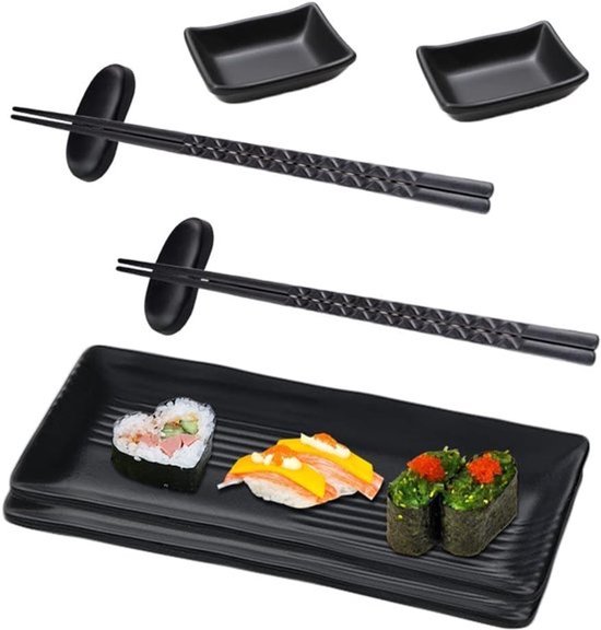 Sushi-plaat met dipschalen - sushi-servies met stokjes - serviesset met Japanse sushi-borden - 2 paar eetstokjes + 2 eetstokjesplanken + 2 borden + 2 diptborden - zwart