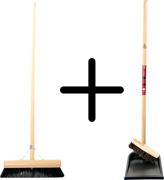 Synx Tools bezem Binnenbezem 50 cm en Stoffer en blik met lange steel 97 cm - Paardenhaar / zaalveger - Classic- - Hout/Metaal van Synx Tool