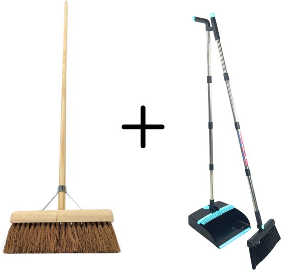 Synx Tools bezem Coco binnenbezem 30cm & Synx Tools Stoffer en Blik met lange steel 121 cm - Zachte bezems - kokos - Zaalveger - Bezemsteel - Stoffer & Blik Met Schoonmaaktanden - veger en blik van Synx Tools