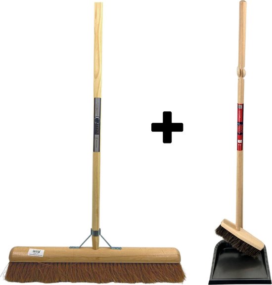 Synx Tools Coco bezem 60 cm en Stoffer en blik met lange steel 97 cm - Paardenhaar / zaalveger - Classic - Hout/Metaal van Synx Tools