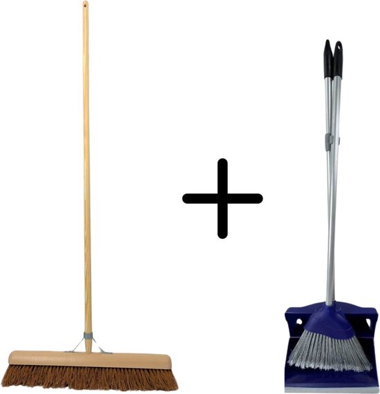 Synx Tools Coco bezem 60cm en Stoffer en Blik met lange steel 95 cm- Bezem - Cocosharen - Zaalveger - stoffer - Kunststof - Hotel Stoffer Blik set - Stoffer en blik sluitend model - Schoonmaakartikelen van Synx Tool