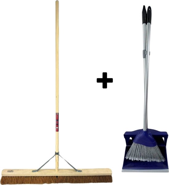 Synx Tools Coco bezem 90cm en Stoffer en Blik met lange steel 95 cm- Bezemset - Cocosharen - Zaalveger - stoffer - Kunststof - Hotel Stoffer Blik set - Stoffer en blik sluitend model - Schoonmaakartikelen van Merkloos	