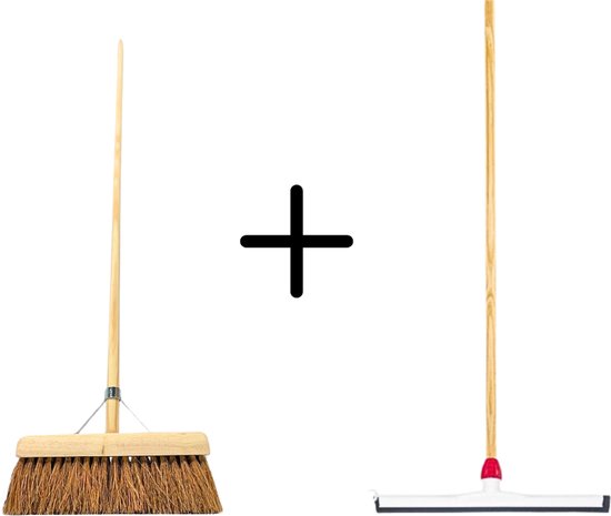 Synx Tools Coco Binnenbezem 30cm + Vloertrekker Kunststof 45cm met Steel 120cm - Zaalveger – Vloerreiniger – Natuurrubber - Zachte bezem kokos Met steel 150cm van Synx Tools