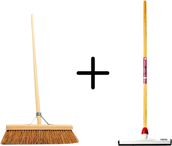 Synx Tools Coco Binnenbezem 40cm + Vloertrekker Kunststof 35cm met Steel 150 cm - Zaalveger – Vloerreiniger – Natuurrubber – Zachte bezem kokos Met steel 160cm