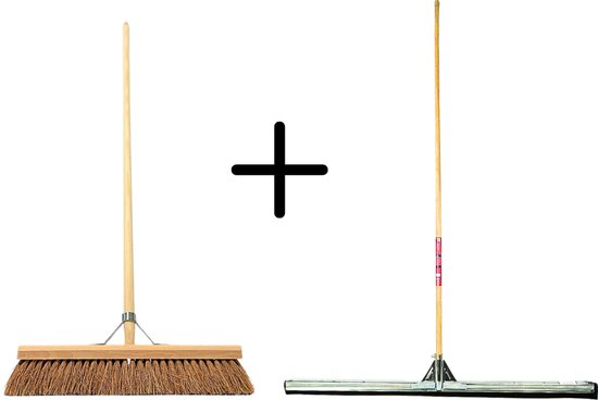Synx Tools Coco Binnenbezem 50cm + Vloertrekker 100cm met Steel 150cm - Zaalveger – Vloerreiniger – Moppen - Zachte bezem kokos met steel 150cm